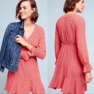Anthropologie Floral V Neck Red Dress XL